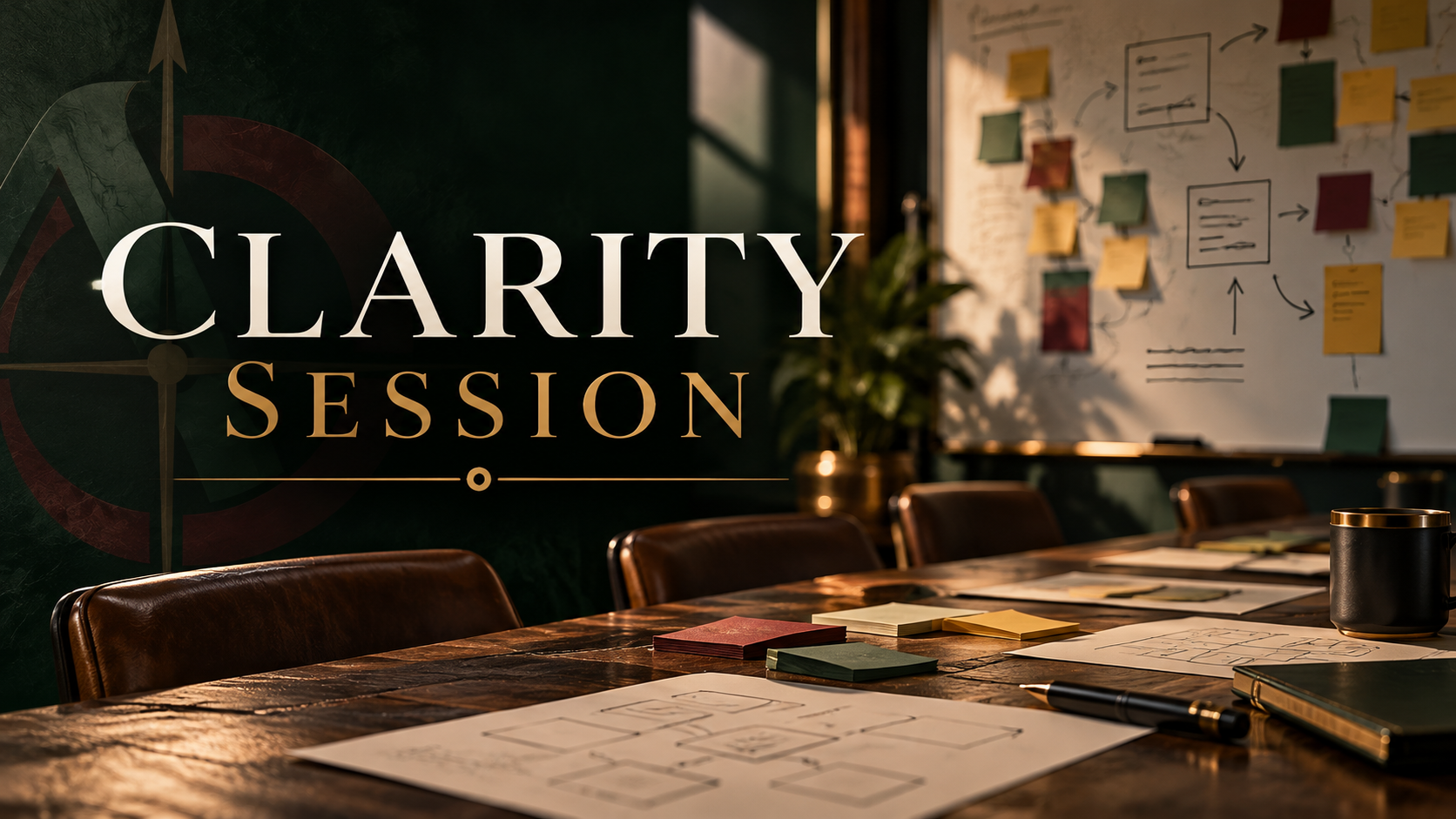 Clarity Session: a meeting room with a wall of sticky notes mapping a business process